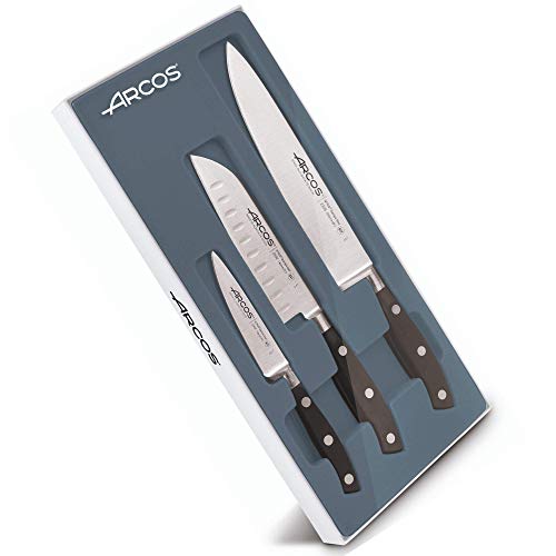 Arcos Serie Riviera, Juego Cuchillos Cocina 3 piezas, 1 Cuchillo Mondador + 1 Santoku + 1 Cuchillo de Chef, Hoja de Acero Inoxidable Forjado Nitrum, Mango de Polioximetileno, POM, Color Negro