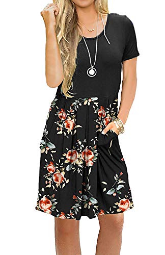 AUSELILY Vestido Informal de Manga Corta con Pliegues Sueltos y Manga Larga para Mujer(EU 48-50,Negro Flor Negro)