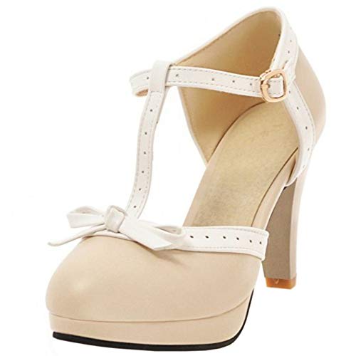 BeiaMina Mujer Dulce Cone Heels Sandals Almond Toe T Strap D Orsay Pumps Tacon Alto ZapatosTacones de Fiesta Beige Tamaño 44 Asian