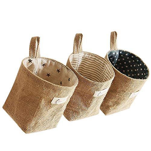 Besylo Cesta con asa, 3pcs Lino y algodón Bolsa de Almacenamiento, Bolsa de Almacenamiento para Colgar, Cesta de Almacenamiento Plegable con asa, para Juguetes, Maquillaje u Objetos pequeños