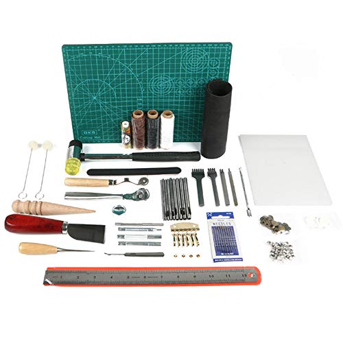 Beunyow 61 Piezas Kit de Herramientas de Coser de Cuero Artesanía de Costura Manual de Bricolaje con Ranurado, Punzón, Hilo Dedal, Aguja de Cuero Punzón de Perfomación Kit de Estampado de Hilo