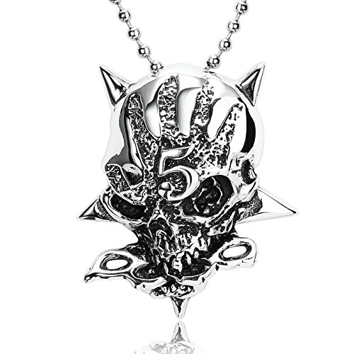 Blisfille Collar Plata Retro Collar Calavera Hombre,Monstruo Grabado Numero 5 Colgantes Acero Inoxidable Love Collar de Negro Plata