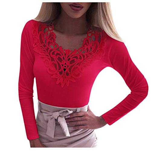 Blusa de encaje para mujer, cuello en V, manga larga, informal, delgada, para fiesta, trabajo, oficina, verano, para mujer