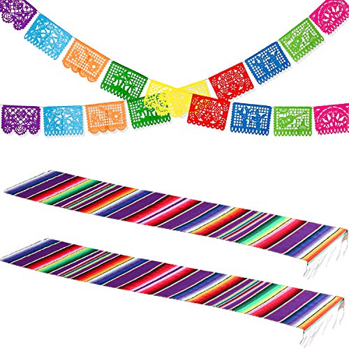 Boao Juego de Decoración de Fiesta, 2 Corredores de Mesa de Sarape Mexicano con 2 Banderas de Fiesta de Mexicana Bandera de Picado de Papel Plástica Grande Bandera de Plástica de Fiesta