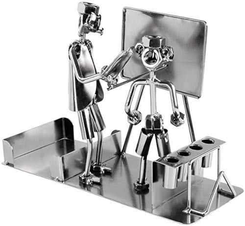 BRUBAKER Screw Man Teacher with Pen Holder - Figura de Hierro Hecha a Mano Hombre de Metal de la Escuela con Soporte para Tarjetas de Visita y Bolsillo para Blocs de Notas