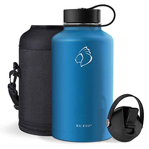 BUZIO Botella de Agua de Acero Inoxidable con Aislamiento al vacío (frío Durante 48 Horas/Caliente Durante 24 Horas), 1 litro Boca Ancha de Pared Bebida Deportiva Frasco sin BPA y Tapa Flexible