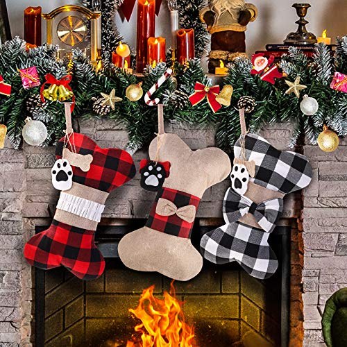 Calcetín de Navidad para Perros, 3 Piezas Calcetines Navideños Grandes para Mascotas con Diseño de Hueso de Perro, Medias de Navidad Bolsa de Regalo para llenar y Colgar, para Chimenea