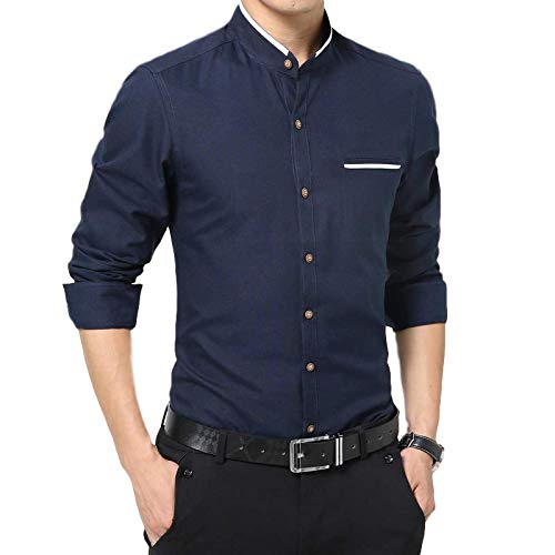 Camisa de Manga Larga para Hombre Moda de Negocios Simple Color sólido Cuello Alto Camisa Pura de Gran tamaño Camisa Informal de un Solo Pecho para Todos los Partidos XXL