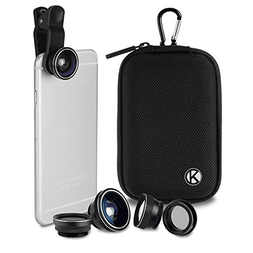 CamKix Deluxe - Kit de Lente Universal 5 en 1 para Smartphone, Tablet y Ordenador portátil - Ojo de pez, Macro 2 en 1 y Gran Angular, CPL y 2 Lentes de teleobjetivo, Clip Universal