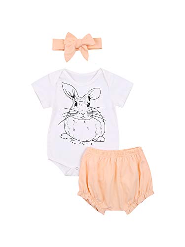 Carolilly Juego de ropa de Pascua para bebé, con impresión de conejo y pelele de manga corta + pantalones cortos + banda con lazo, 3 piezas, completo para bebé y niña de verano Color blanco. 0-6 meses