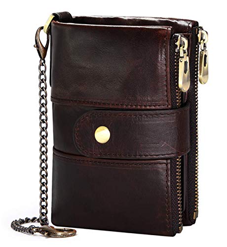 Cartera Hombre Cuero RFID Bloqueo Pequeña Billetera Cremallera para Hombre con Monedero Muchos Compartimentos con Cadena 16 Ranuras para Tarjetas (Café)