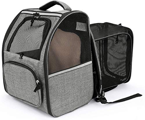 CatRomance Transportín Mochila para Gatos y Perros Pequeños, Bolsa para Mascotas Expandible y Plegable con Túnel y Correa de Seguridad, Carga Máxima 6,5kg para Viajar en Tren, Automóvil y Avión, Gris