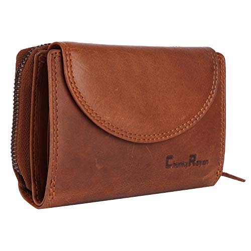 Chunkyrayan Bolsa de Cuero Real para Mujeres Protección RFID Vintage Incluye Llavero de Cuero GB-3 Brown