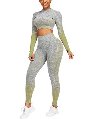 CINDYLOVER Mujeres Conjunto de Yoga 2 Piezas - Seamless Gradient Top de Manga Larga Pantalón Deportivo Leggings sin Costuras Alta Cintura Elásticos Fitness para Gymnasio Verde L