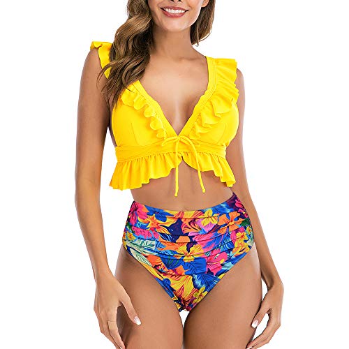 Conjunto de Bikini con Volantes Push up, 2 Piezas de Talle Alto, Cuello en V Profundo, Traje de baño de Playa Acolchado para Mujer (Amarillo, S)