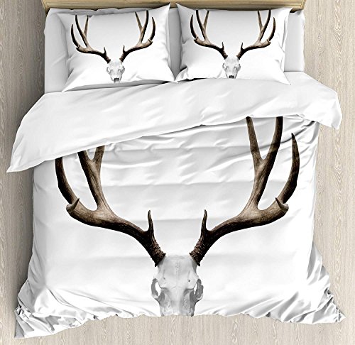 Conjuntos de Ropa de Cama Antlers Decor, Skull Head en Deer Skull Colección de inviernos Cazadores de Halloween resistidos, Juego de Funda nórdica de 3 Piezas, Colcha de Colcha para niños/niños/ad