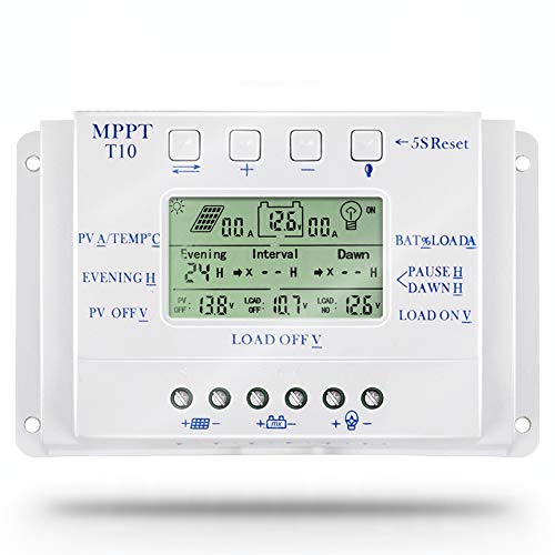 Controlador de carga solar 10A MPPT T10A 12V 24V para entrada máxima de 48V con control de temporizador dual de carga Regulador solar para alumbrado públicoCompatible MPPT + PWM Modo de carga】