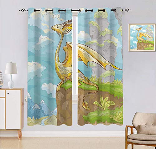 Cortinas opacas con diseño de dragón, fantástico animal alado en acantilado, dibujado a mano, para decoración de habitación de niños, 2 paneles, cada panel de 106 cm de ancho x 2014 cm de largo