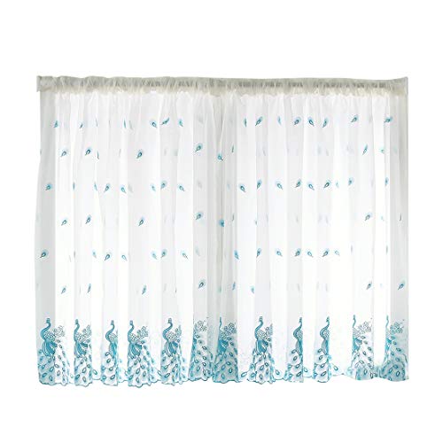 Cortinas Translúcidas Modernos Cortas para Hogar Habitación, Visillos Paneles Gasas para Ventanas con Bordado de Pavo Real Decorativos, 2 Piezas, 2 Piezas Azul M