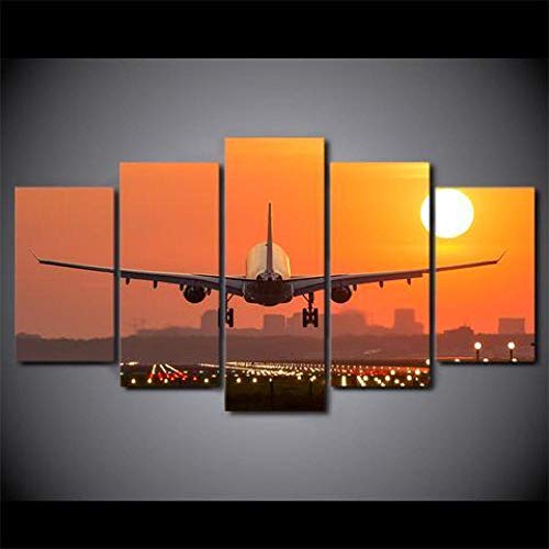 Cuadro sobre Lienzo - 5 Piezas - Impresión En Lienzo - Airplane Sunset Cuadro De Pintura Póster De Arte Moderno Oficina Sala De Estar O Dormitorio Decoración del Hogar Arte De Pared-100*55cm-Marco