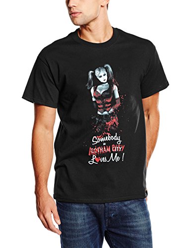 DC Comics Arkham City Harley Quinn Somebody Loves Me Camiseta, Negro (Black), Small para Hombre