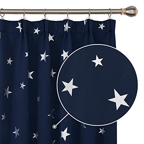 Deconovo Cortina Opaca Fruncida para Habitación Matrimonio de Estrellas Plateadas Estilo Moderno Elegante 2 Piezas 132x229cm Azul Marino