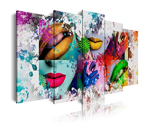 DekoArte 442 - Cuadros Modernos Impresión de Imagen Artística Digitalizada | Lienzo Decorativo Para Tu Salón o Dormitorio | Estilo Pop Art Mujer Labios Color Blanco Verde Rojo Azul | 5 Piezas 150x80cm