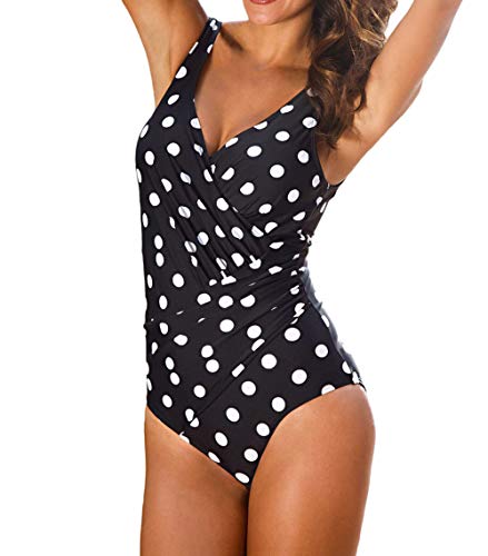 DELEY Traje de Baño de Una Pieza Acolchado Monokini para Mujer Ropa De Baño Talla Grande Bikini de Control de Abdomen Lunares Tamaño 3XL