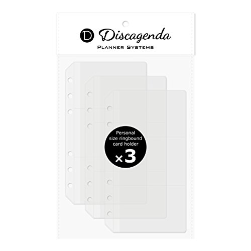 Discagenda Tarjetero transparente personal (9,4 x 17 cm), paquete de 3 para organizador personal de 6 anillas.