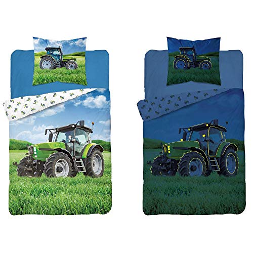 DP Juego de ropa de cama, diseño de tractor luminoso en la oscuridad, tamaño: 140 x 200 cm, 70 x 80 cm, 100% algodón (tractor verde)