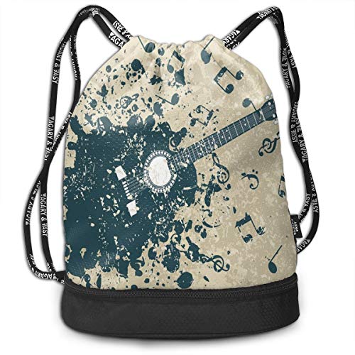 DPASIi Mochilas con cordón, para guitarra acústica sobre fondo retro murky con ilustración melodía de notas musicales, cierre de cuerda ajustable.