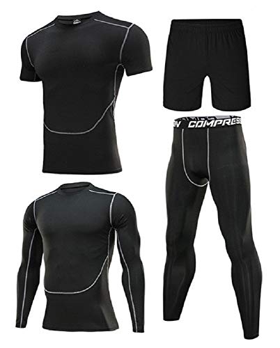 Ducomi Conjunto de 4 Piezas de Chándal de Compresión para Hombre - Camiseta de Manga Corta y Larga con Forma de Cuerpo Elástico Pantalón Corto - Gimnasio Conjunto para Corer - Negro - XXL