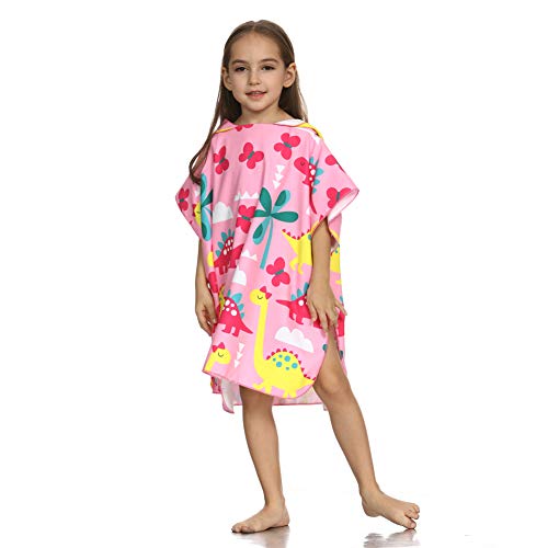 ED-Lumos Toalla de baño con Capucha para niño niña Poncho Playa Infantil Microfibra Albornoz 4-7 años Dinosaurio Rosa