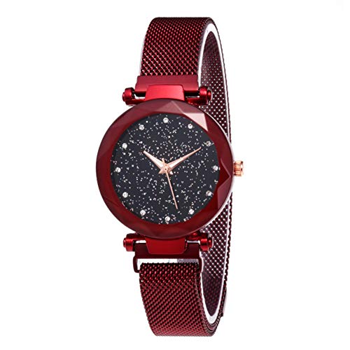 El más Nuevo Reloj Starry Sky a Prueba de Agua, Correa magnética con Hebilla, Reloj de Acero Inoxidable para Mujeres niñas (Red)