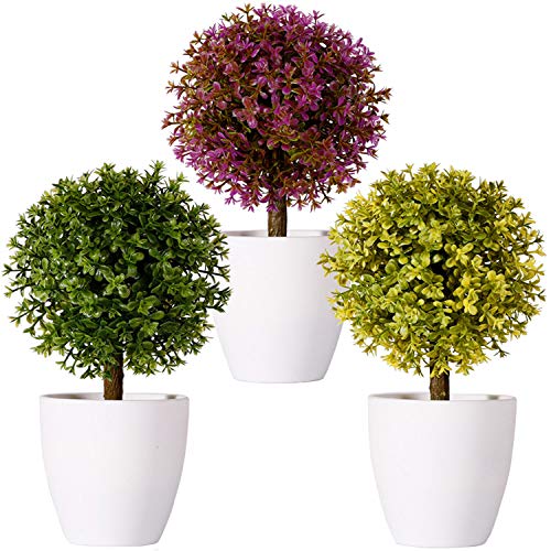 FagusHome 20cm Alto Plantas Artificiales en Maceta 3 Piezas árbol en Forma de Bola en Maceta boj Artificial plástico para decoración (A)