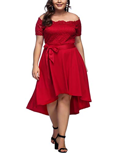 FeelinGirl Mujer Vestido de Noche Encaje Largo Traje Talla Extra Grande Cóctel de Manga Corta un Hombro con Cinturilla Rojo 3XL/Talla 50-52