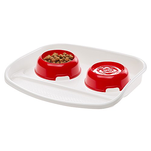 Ferplast Bandeja con Cuencos para Perros y Gatos Lindo Doble comedero para Animales, Base de plástico Resistente, Pies Antideslizantes, Dos Cuencos de 0,6 l incluidos, 44,5 x 34 x h 7 cm Rojo