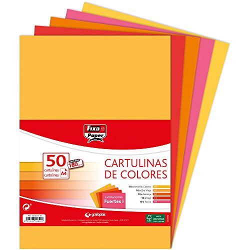 Fixo Paper 00001494 – Paquete de cartulinas de colores A4 – Surtido de colores fuertes I, 50 unidades, 180g