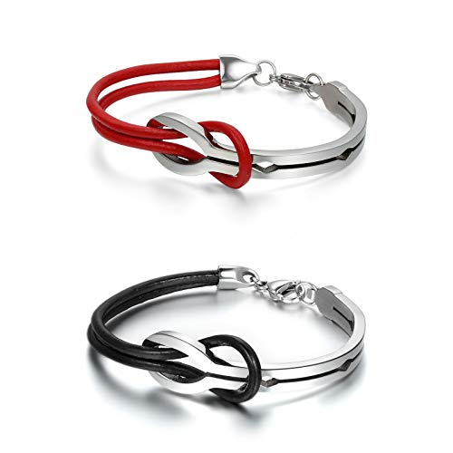 Flongo Pulsera para Parejas, de Acero Inoxidable y Cuero, con diseño de Signo de Infinito, de 20,5 cm,Color Negro Marrón Rojo Dorado,Regalos San Valentín