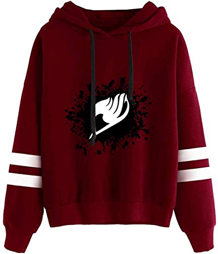 FLYCHEN Sudadera con Capucha para Mujer Anime Fairy Tail Estampado Logo Gráfica Clásico Color Sólido Sudadera Adolescentes Deportiva - Burgundy 3-2XL