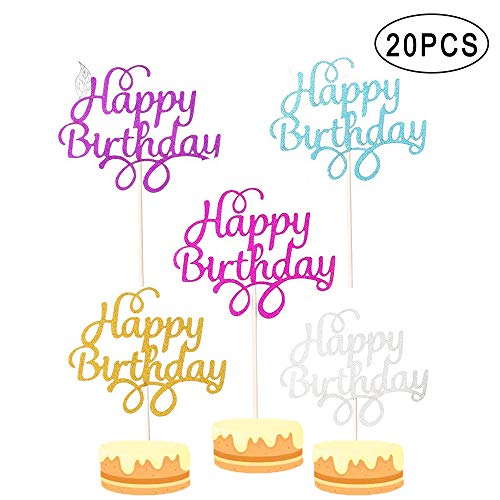 Gfdg Toppers de Pastel, 20 Piezas Topper de Tarta de Cumpleaños, Brillantes Adornos de Tartas, Happy Birthday Toppers de Cupcake, para Tartas de Cumpleaños (Plata, Oro, Morado, Azul, Rosa Rojo)