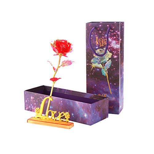 Gobesty Galaxy Rose, 24k Rojo Gold Rose con Base de Amor Soporte Flores Falsas Rosas Artificiales Regalos para Mujeres San Valentín Cumpleaños