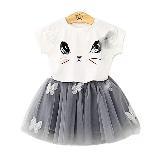 good01 - Conjunto de vestido de verano para niña, diseño de gatito con cara impresa, manga corta, suave, tutú, ropa infantil, color blanco, 140 cm