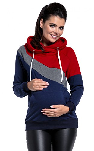 HAPPY MAMA. Mujer Sudadera Capucha Panel Lactancia Bloque de Color Premamá. 321p (Rojo 7 Mezcla de Grafito & Armada, 40, L)