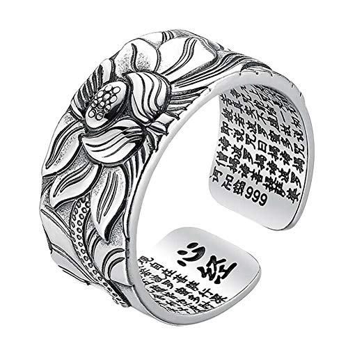 Harwls 99 Silver Lotus Ring with Heart Sutra Adjustable Open End Finger Ring Jewelry Gifts