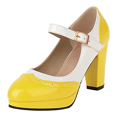 HavueGatue Mujer Dulce Mary Jane Zapatos Block Tacon Alto Spring Cosplay Zapatos Spring Oficina Dress Zapatos Buckle Yellow Size 44 Asiático