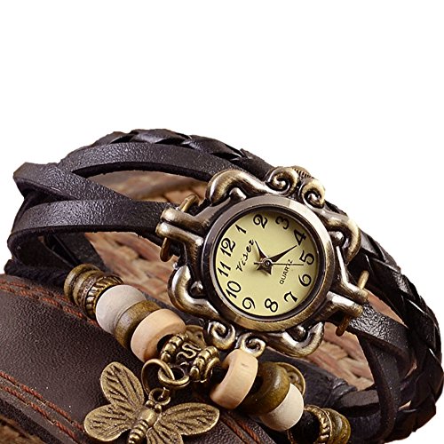 Hosaire Accesorios de Moda Envoltura de Armadura Retro Alrededor de la Pulsera de Cuero con muñeca de Mariposa Reloj de Pulsera Mujer Cuarzo Naturaleza Stlye Reloj Negro