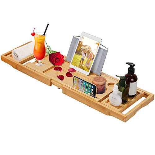 Hossejoy Bandeja de bambú para bañera extensible, plegable, con soporte para copa de vino y bandeja para libros para iPad, 75-103,4 x 4 x 23 cm (ancho x alto x profundidad)