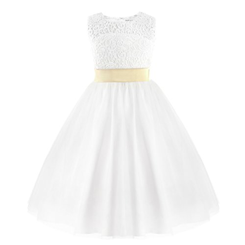 IEFIEL Vestido Blanco de Fiesta Para Niña Vestido Elegante de Dama de Honor Vestido Encaje Sin Mangas de Ceremonia Boda Blanco 8 años