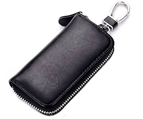 iSuperb - Estuche de llaves Familia Cartera de Llavero Piel Llave de Moto Coche y Unas Pequenas Organizador de Llaves Portallaves con Cremallera (Negro)